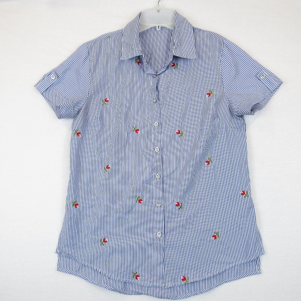 Kontrol Women's Size Medium Stripe Floral Embroidered Top Short Sleeve No Stretc